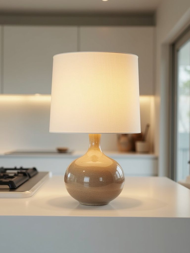 Modern kitchen island with a ceramic statement table lamp, providing warm ambient lighting and enhancing kitchen countertop decor.