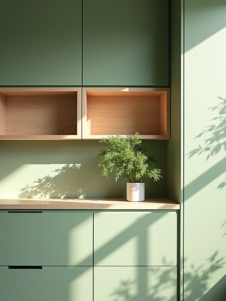 Portrait view of a green kitchen interior, showcasing cabinets made with sustainably sourced wood and modern engineered boards, a potted plant adding biophilic detail, lit by soft natural light. Represents eco-friendly kitchen material choices.