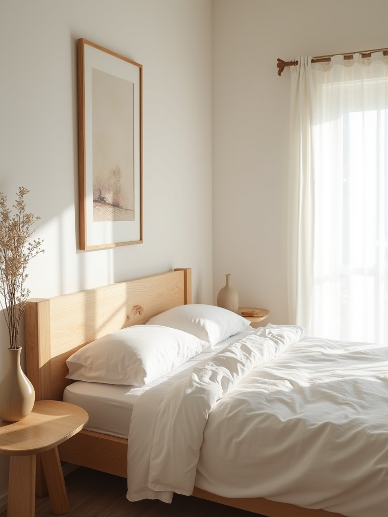 A tranquil and uncluttered rustic bedroom with minimal wooden furniture and soft natural light, showcasing a serene atmosphere for peaceful relaxation.