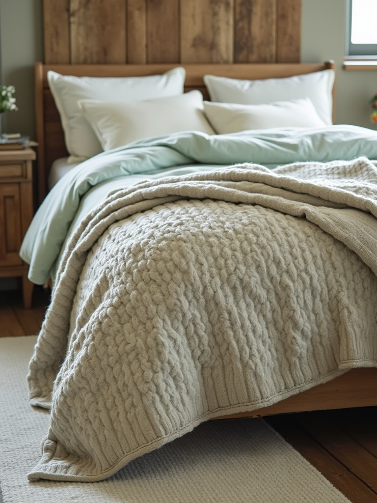 Rustic bedroom featuring a layered bed with a cream chunky knit throw over a grey linen duvet, and a wool rug on the floor, creating a cozy and inviting atmosphere.