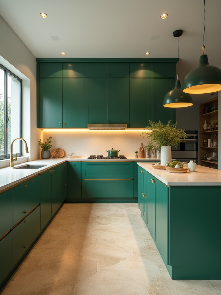 A beautifully lit contemporary green kitchen featuring emerald green cabinets, under-cabinet LED strips, and elegant pendant lights, demonstrating layered illumination enhancing texture and depth, with natural light flowing from a large window.
