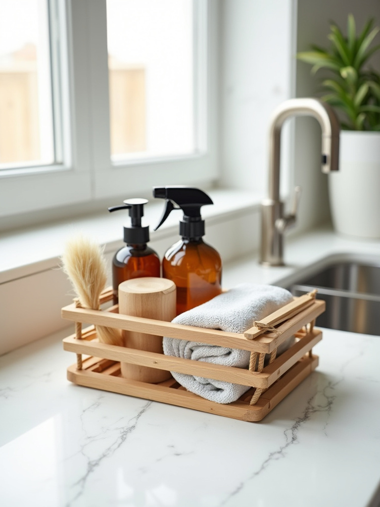 A stylish wooden kitchen cleaning caddy filled with various cleaning supplies like spray bottles and microfiber cloths, neatly arranged on a clean marble countertop, signifying an organized kitchen.