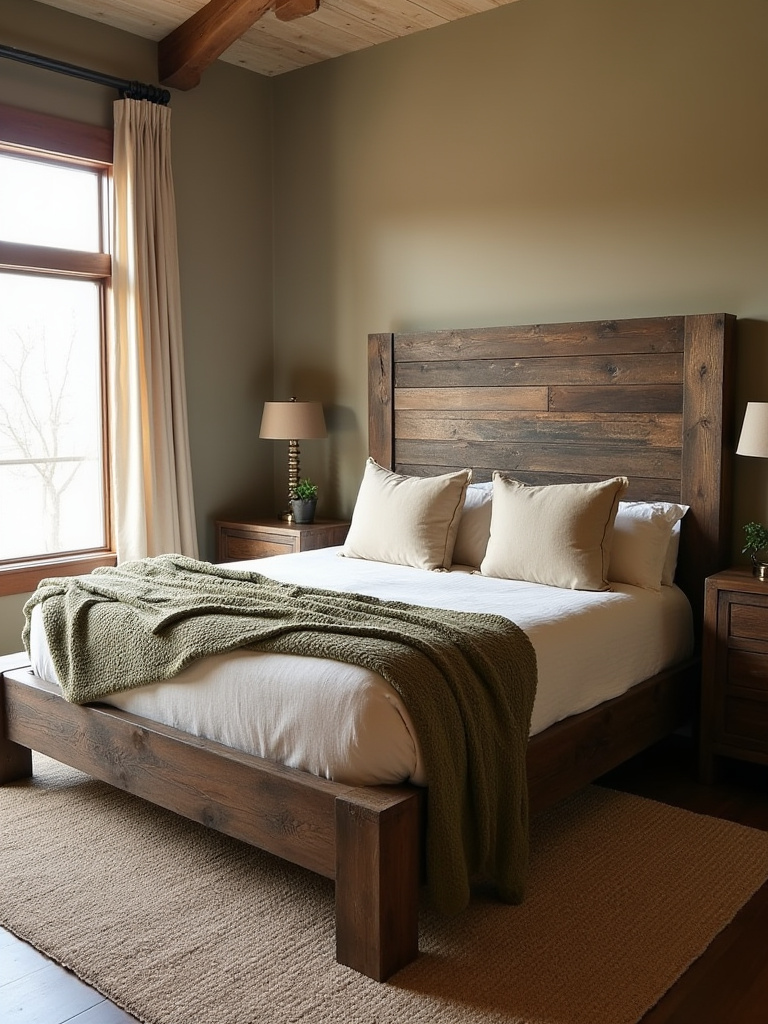 A rustic bedroom featuring a sturdy reclaimed barnwood bed frame dressed with linen bedding and knit throws, natural lighting, establishing a cozy and authentic focal point.