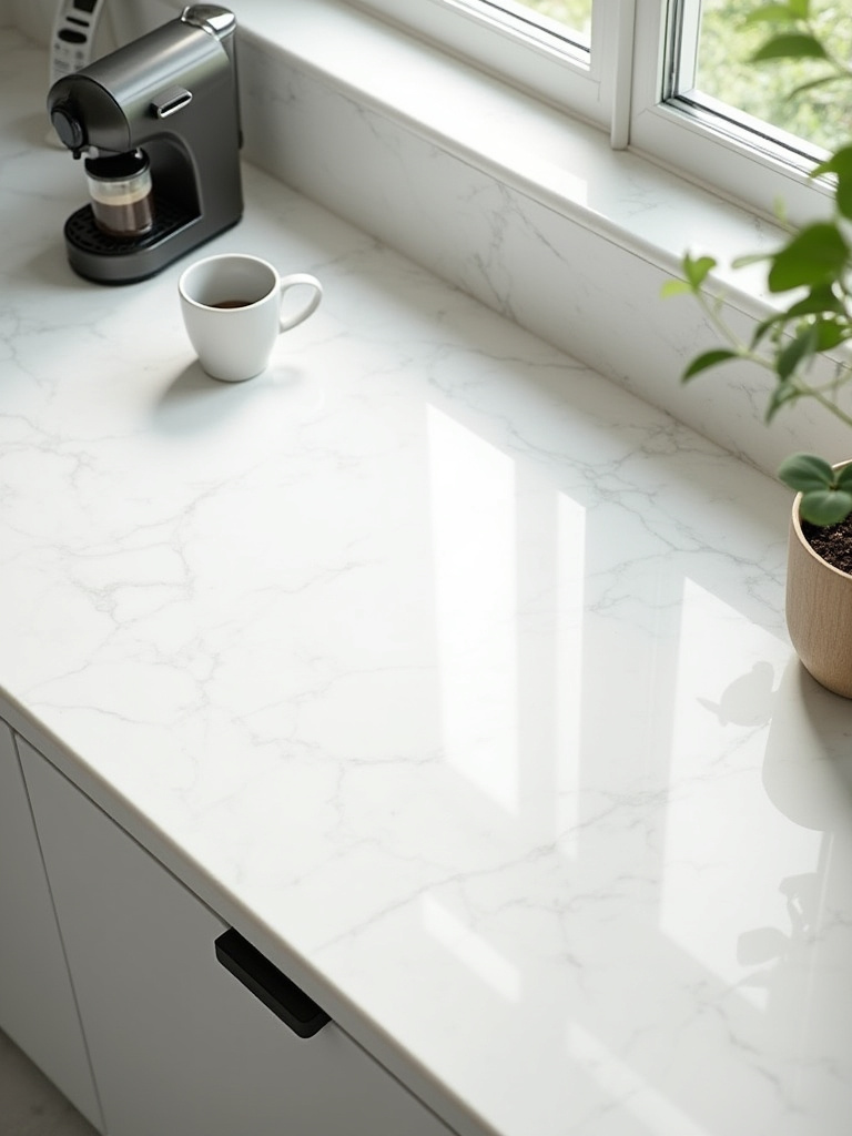 A bright, modern kitchen countertop with designated clear areas demonstrating effective negative space for a clutter-free environment. White quartz countertops with minimalist coffee station.