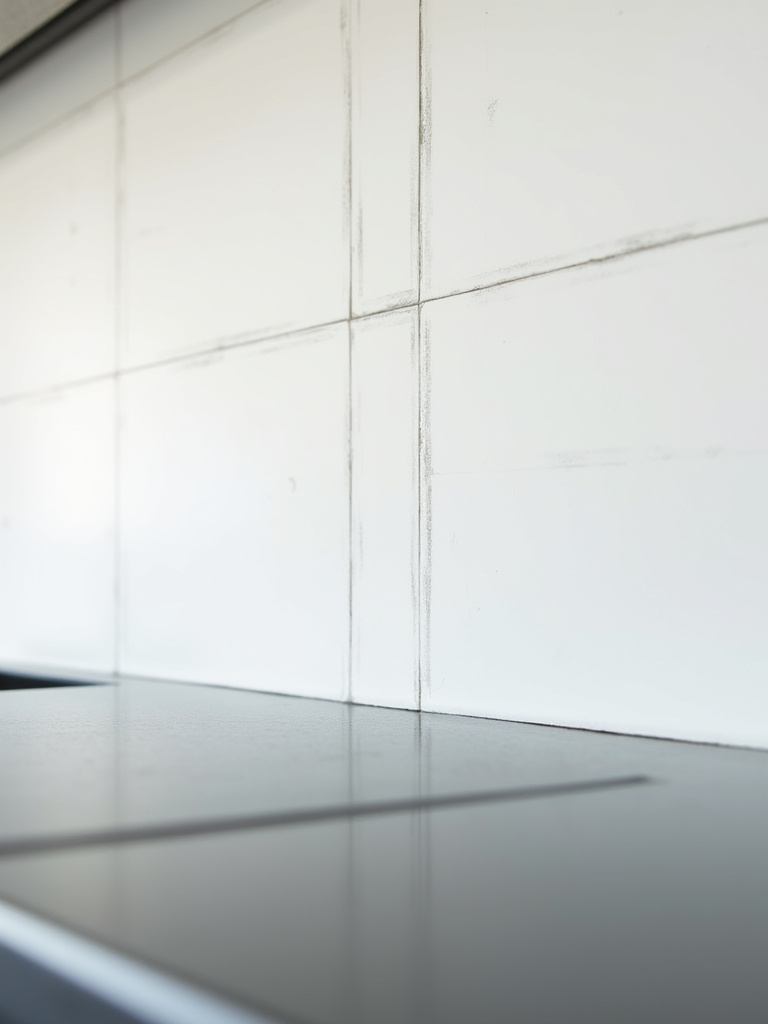 A meticulously planned modern kitchen wall section with faint grid markings, prepared for backsplash installation, emphasizing precise backsplash measurement.