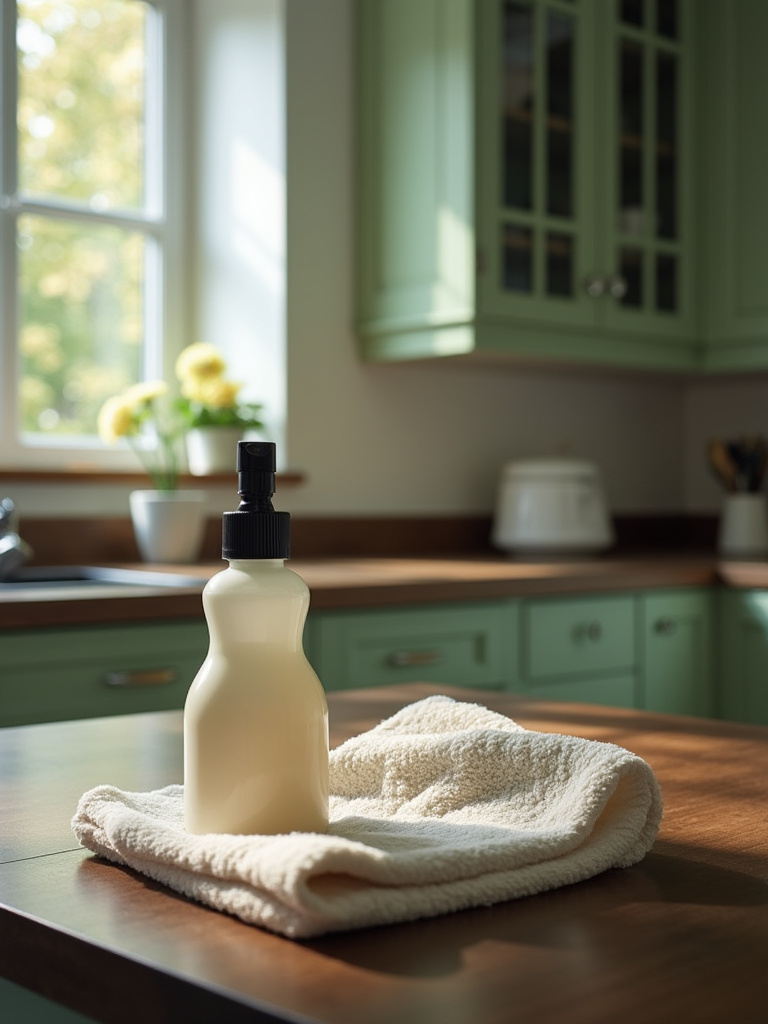 Pristine deep olive green kitchen cabinets, professionally maintained with a microfiber cloth and eco-friendly cleaning solution on a polished countertop, illustrating expert green kitchen cabinet care and prevention of common issues.