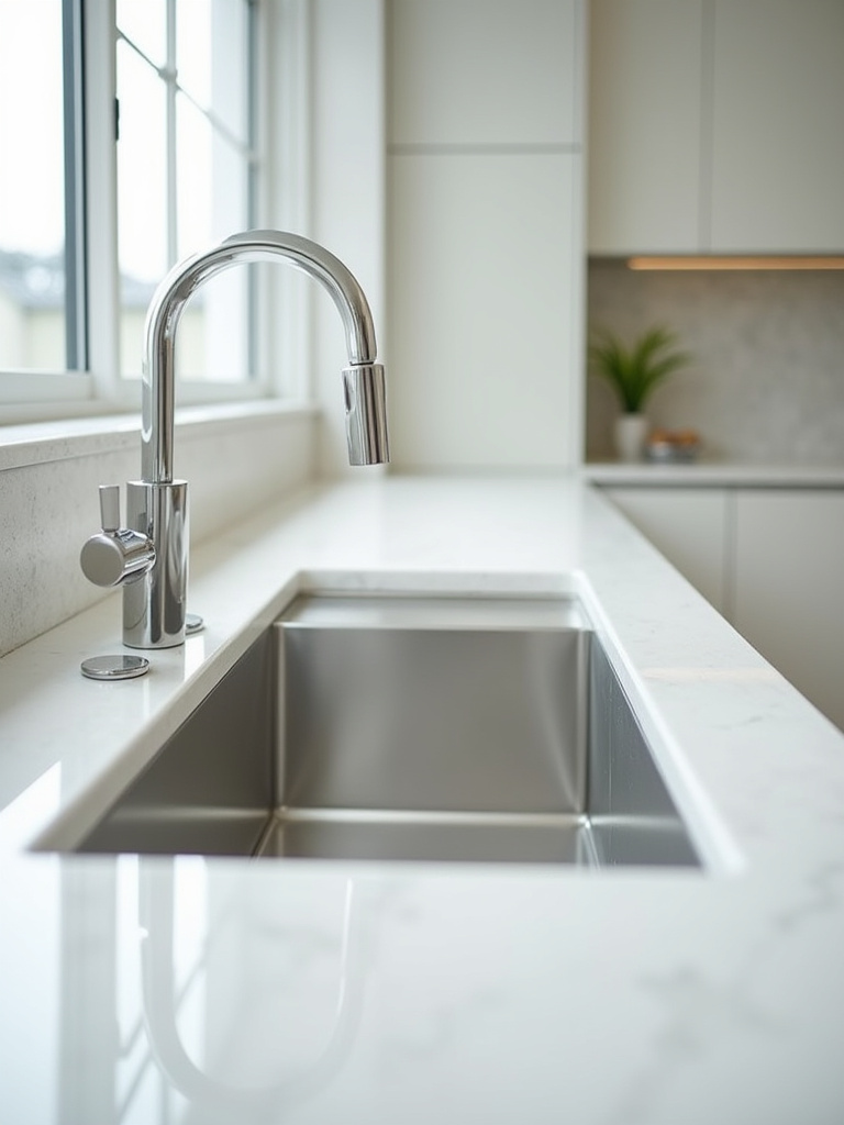 Modern kitchen sink area with a sleek chrome built-in soap dispenser installed flush with a light-colored quartz countertop. The area around the sink is completely clear of clutter, showcasing the enhanced counter space and clean design.