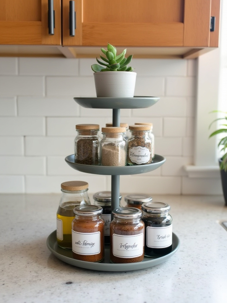 A stylish tiered stand in a kitchen corner, neatly organizing spice jars, a small oil bottle, and a succulent plant on a light granite countertop.