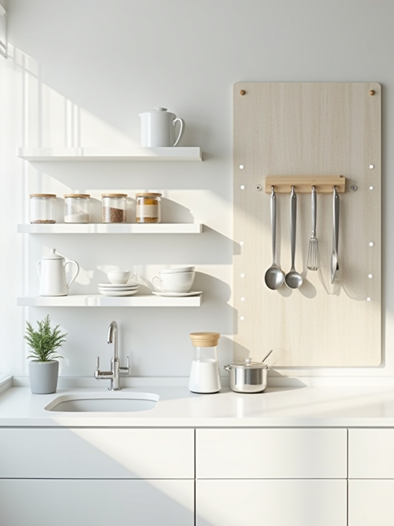 Modern small kitchen featuring white floating shelves with organized ceramic dishes and clear spice jars, alongside a wooden pegboard holding stainless steel utensils, demonstrating efficient wall storage.