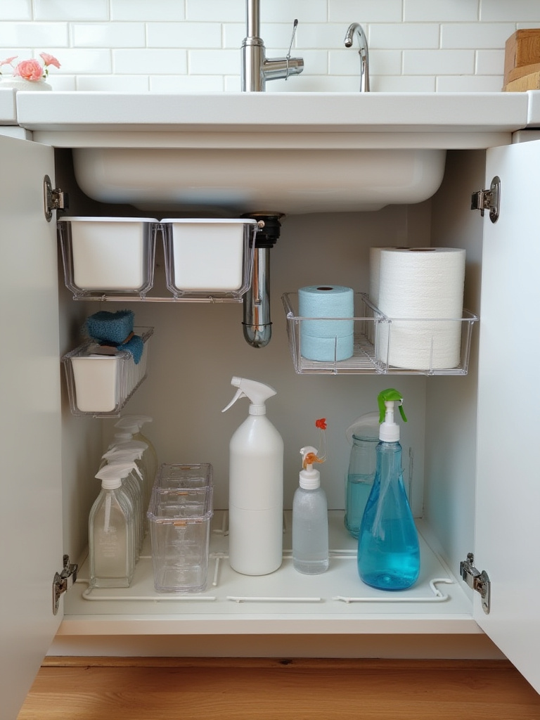 Organized kitchen under-sink cabinet with white pull-out shelves and clear bins holding various cleaning supplies like spray bottles and sponges, designed for efficient under-sink storage solutions.