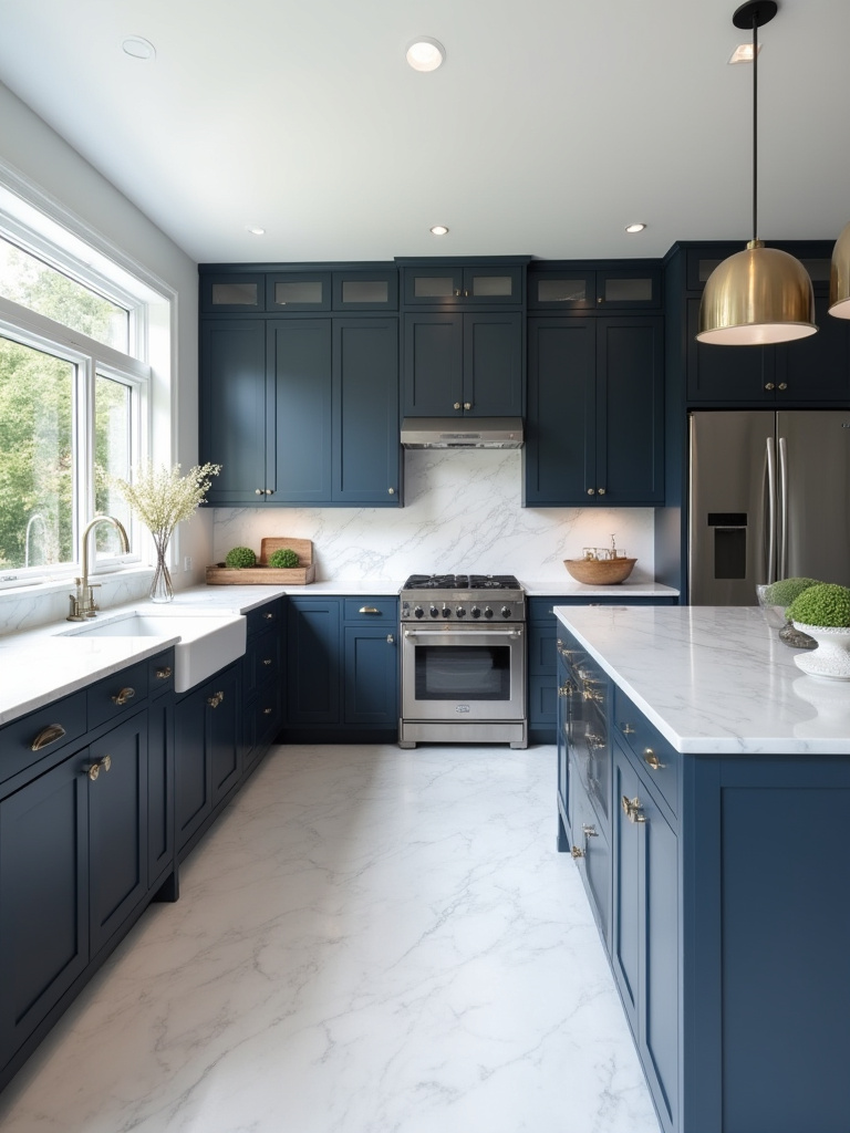 Matte navy blue shaker cabinets paired with polished white Carrara marble countertops in a luxurious transitional kitchen.