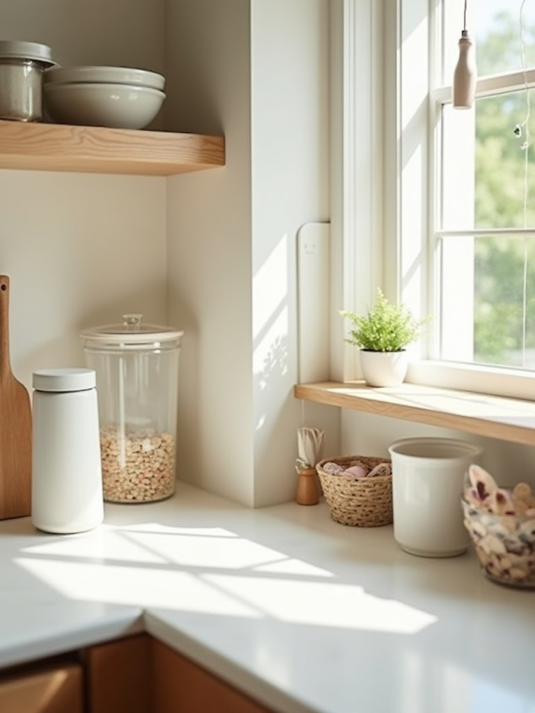 A meticulously organized small kitchen counter area, featuring only essential, neatly arranged items and clear surfaces, demonstrating effective decluttering for efficiency.