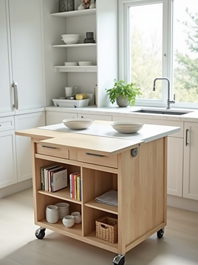 Sleek small kitchen featuring a modern mobile kitchen island with light wood base and white quartz countertop, including integrated storage shelves and an extendable pull-out dining surface, exemplifying multi-functional kitchen furniture.