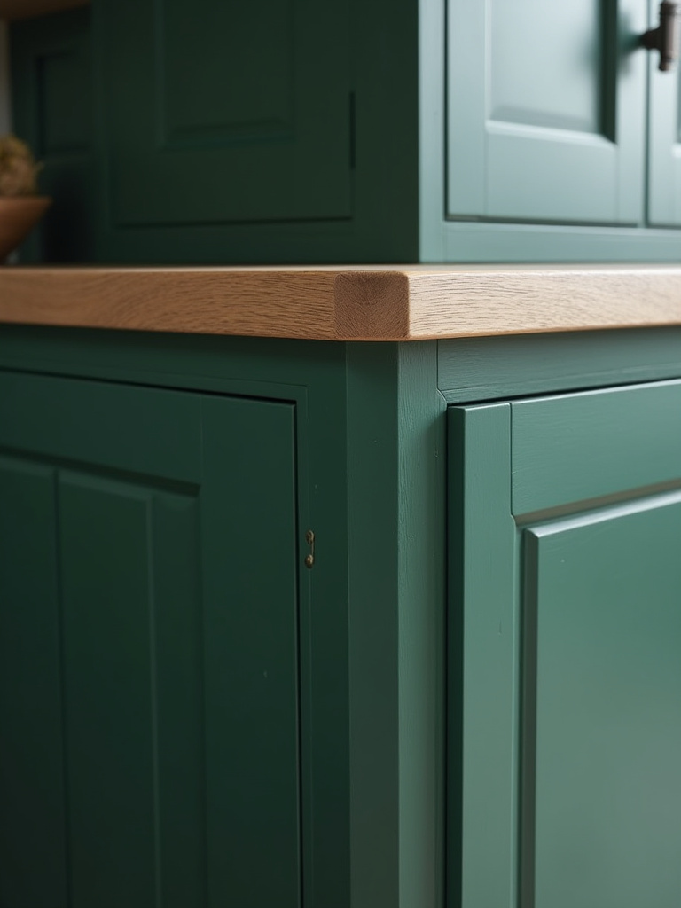 Close-up of bespoke emerald green kitchen cabinetry with visible dovetail joinery, showcasing master craftsmanship and sustainable timber.