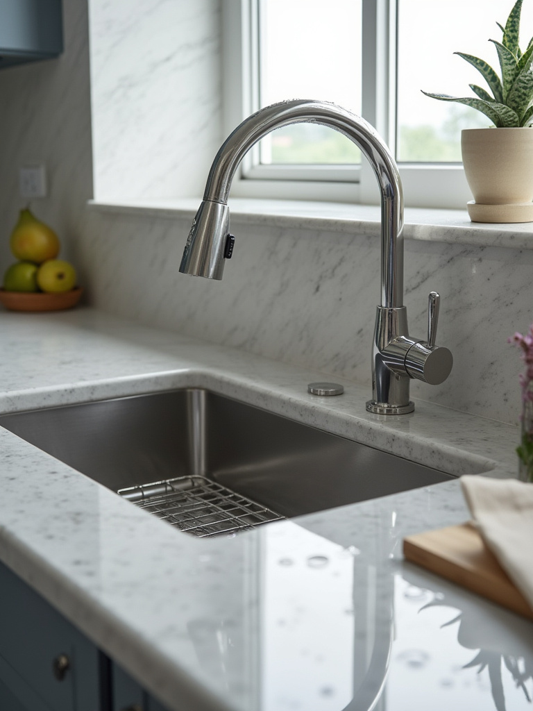 Professional photo of a modern kitchen with a polished 16-gauge stainless steel sink, highlighting its durability and sleek design.