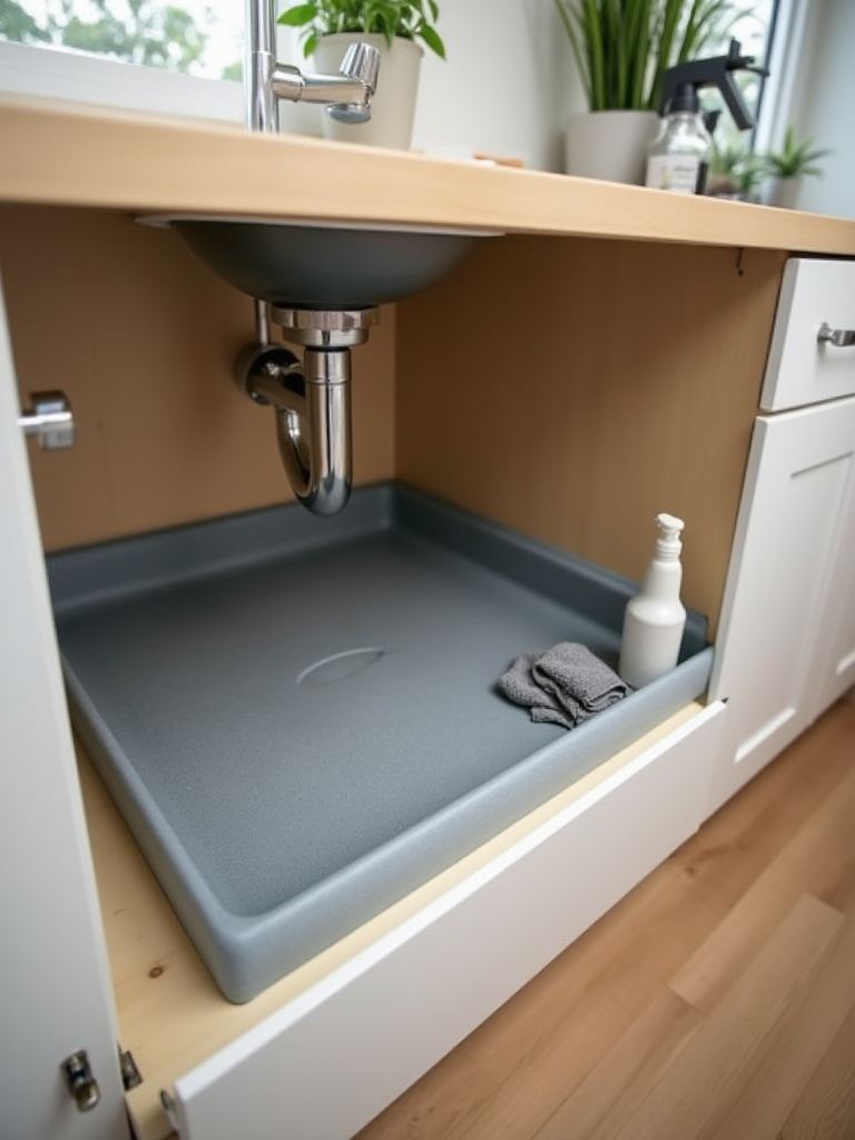 Close-up of a modern kitchen sink cabinet interior featuring a perfectly fitted grey water-resistant liner protecting the base from potential leaks and spills, with a few cleaning supplies neatly placed on top. Bright, clean aesthetic.
