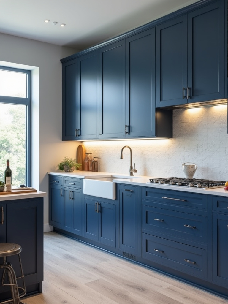 Three sections of blue kitchen cabinets side-by-side: one with a matte finish, one with a high-gloss finish, and one with a visible wood grain texture, all showcasing different blue shades in a modern kitchen.