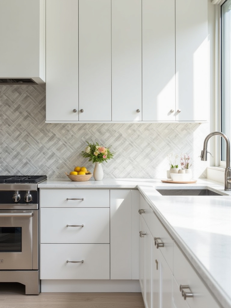 Modern kitchen backsplash, optimal height considerations, kitchen design ideas, white cabinets, patterned tile backsplash, sleek countertop