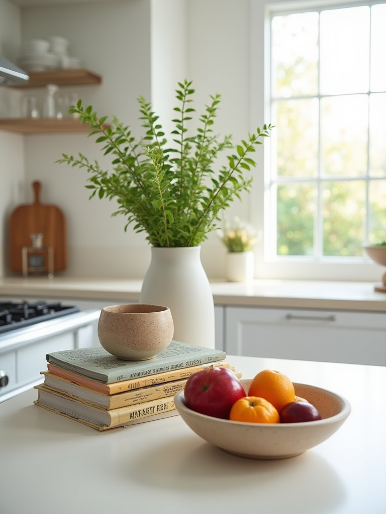 Stylishly rotated kitchen countertop decor featuring a ceramic vase, cookbooks, and a fruit bowl, demonstrating fresh perspectives and thoughtful arrangement.