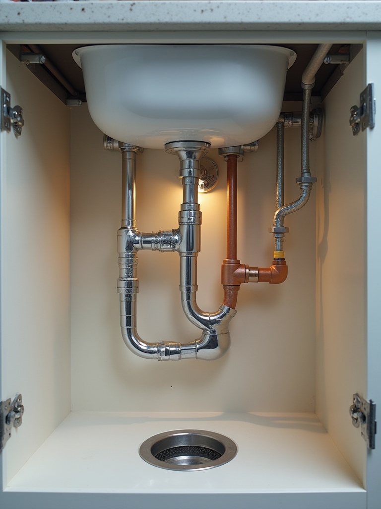 Clean, well-maintained pipes and plumbing fixtures under a modern kitchen sink, emphasizing proactive Annual Plumbing Checks.