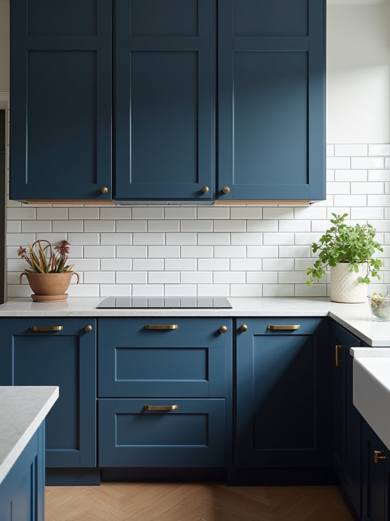 Modern kitchen with navy blue shaker cabinets and a bright white subway tile backsplash, under natural light, showcasing harmony.