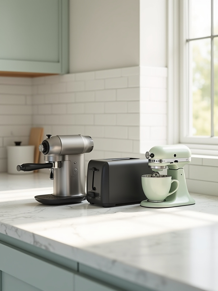A stylish, minimalist kitchen countertop featuring sleek, aesthetic stainless steel espresso machine and matte black toaster, alongside a pastel retro-style stand mixer. This setup demonstrates how essential appliances can elevate kitchen decor. The scene is well-lit with natural light and features clean lines, embodying elegant kitchen design.