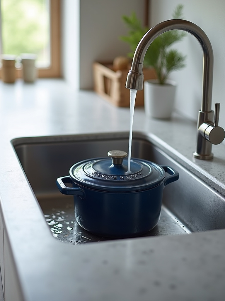Deep stainless steel kitchen sink accommodating a large pot, reducing splash and improving kitchen practicality.