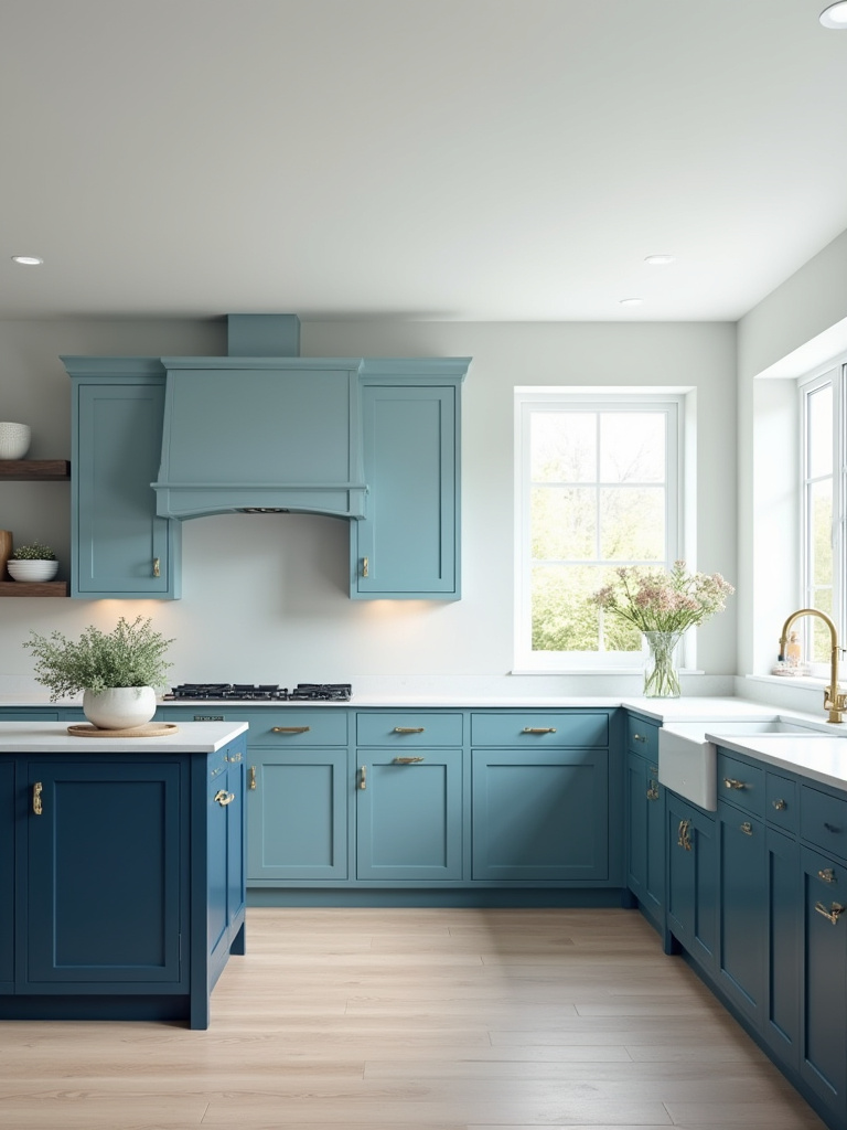 Three kitchen cabinet sections painted in deep navy, serene sky blue, and bold teal to compare different blue kitchen cabinet shades and their impact.