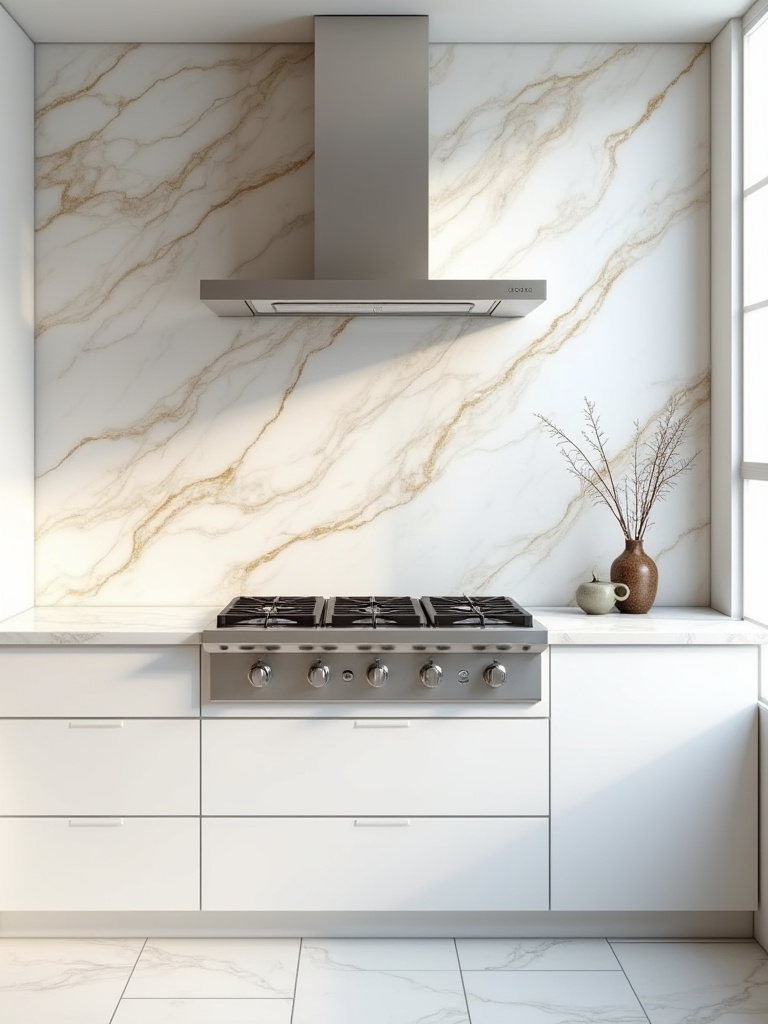 Elegant Calacatta Gold marble natural stone backsplash in a modern minimalist kitchen, showcasing beautiful gold and grey veining.