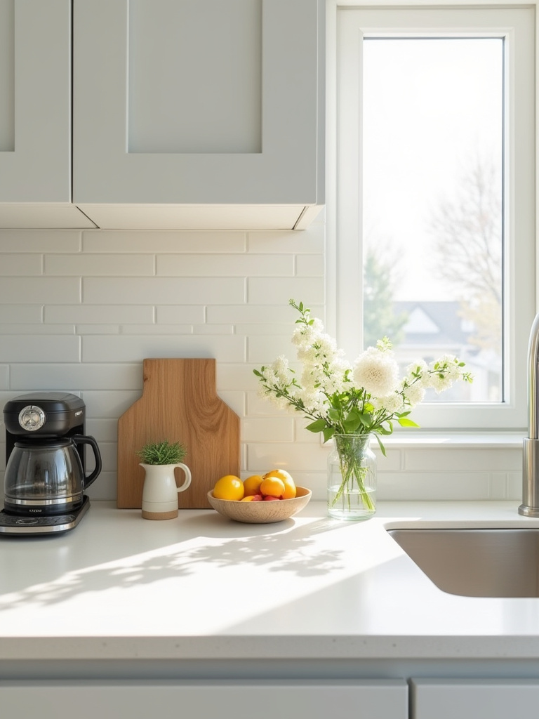 A beautifully organized kitchen countertop showcasing a balanced functional and decorative object ratio with a coffee maker, toaster, knife block, a vase of flowers, and a fruit bowl, reflecting optimal kitchen countertop decor.