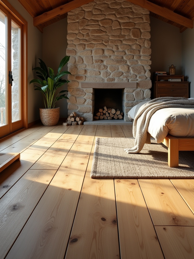 Cozy rustic bedroom with wide-plank distressed hardwood flooring, showcasing natural light and durable texture for a serene haven.