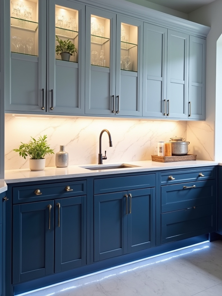 Modern kitchen with deep blue cabinets. Under-cabinet, in-cabinet, and toe-kick LED lighting strategically highlights the blue cabinetry and its textures, creating a luxurious and well-lit space. Blue kitchen cabinet lighting ideas.