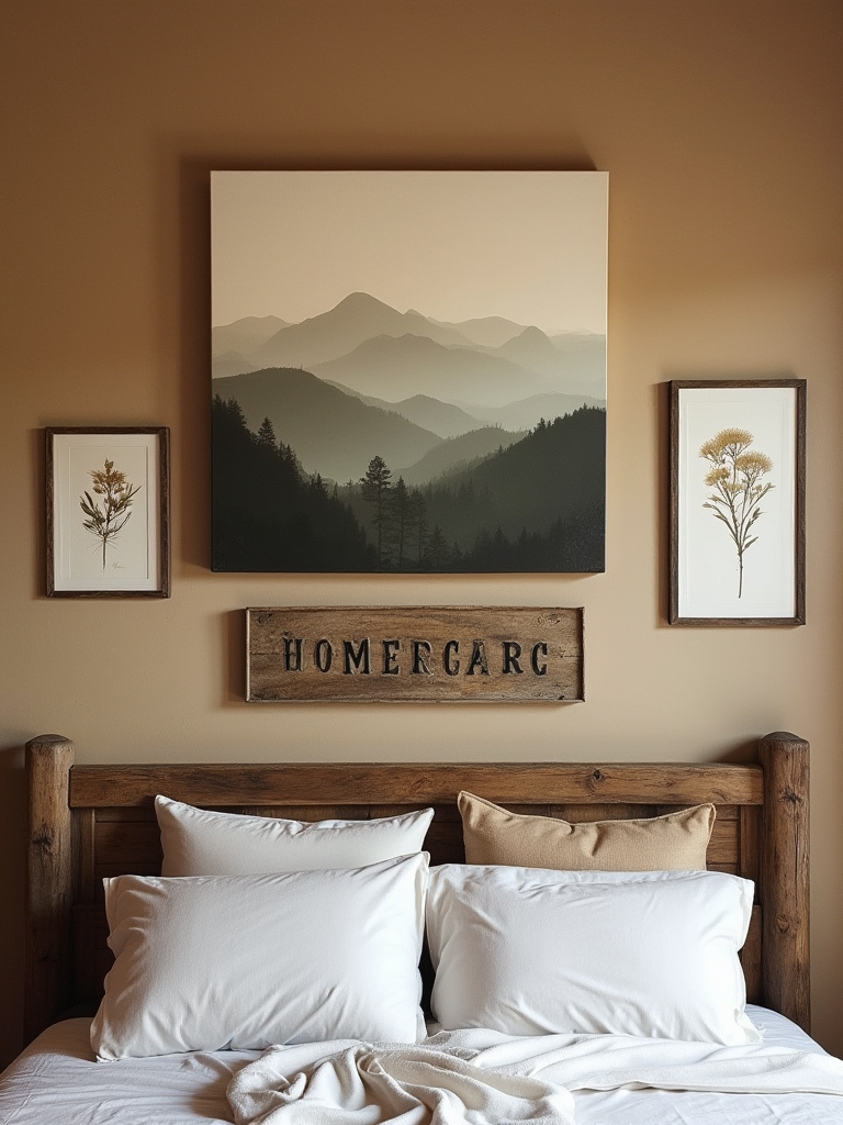 Rustic bedroom wall with a large landscape painting, framed botanical prints, and a vintage metal sign above a wooden headboard, creating a cozy and artful focal point.