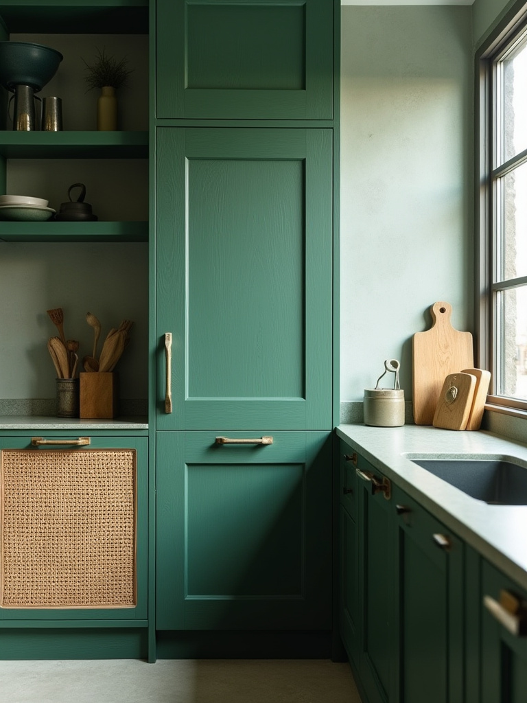 Green kitchen featuring a variety of textures including oak grain cabinets, Venetian plaster wall, and woven cane panel for enhanced depth.