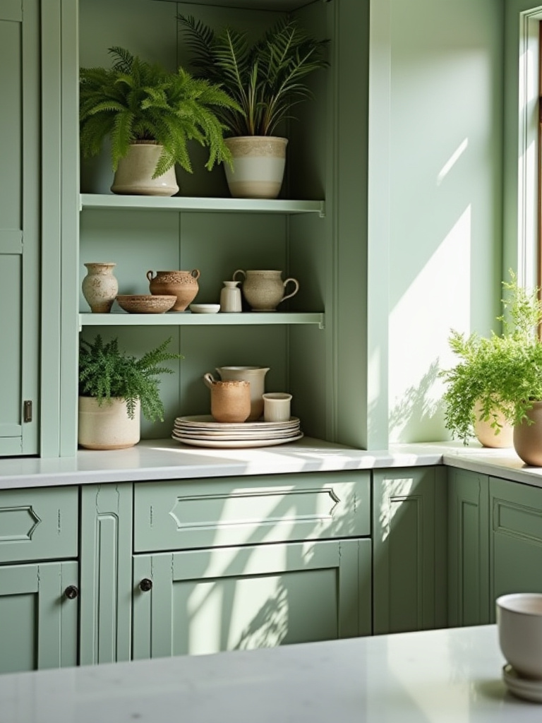 Green kitchen with open shelves displaying artisanal pottery, potted succulents, and herbs, enhancing the kitchen decor with a thoughtful and personalized touch.