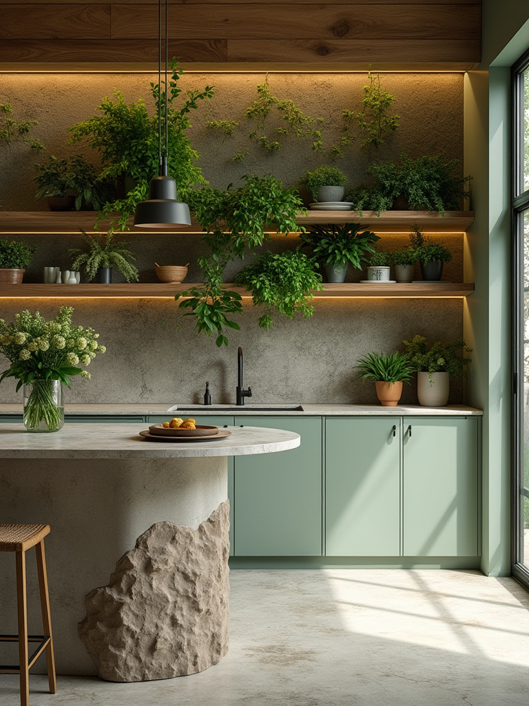 A luxurious biophilic green kitchen with floor-to-ceiling sage green cabinets, an integrated island with river stones, and a living herb wall under abundant natural light.