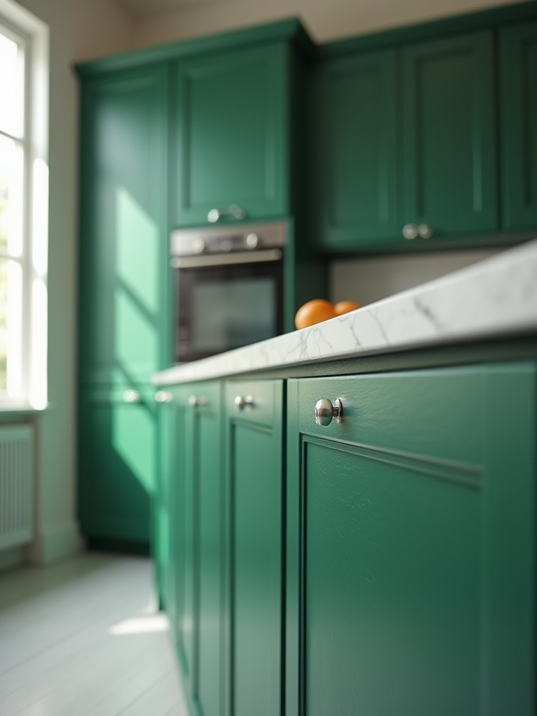 Three green kitchen cabinet doors side by side, one with a matte finish, one with a high-gloss finish, and one with a textured finish, demonstrating the visual and tactile differences in natural light.