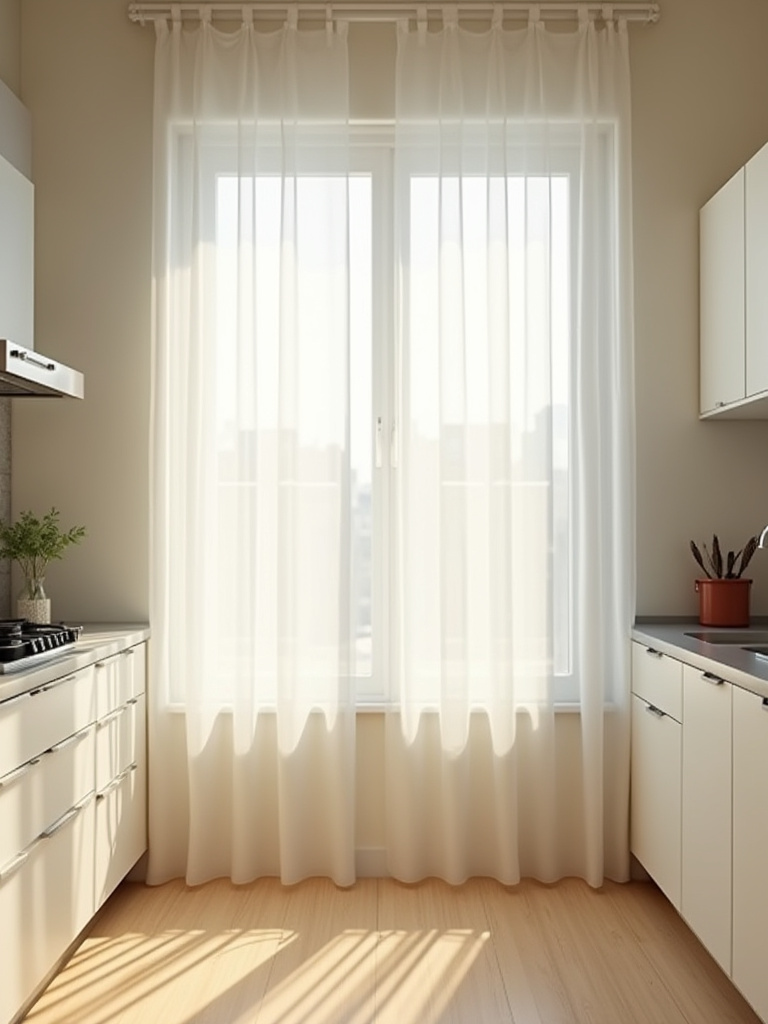 A bright small kitchen with white sheer window treatments allowing abundant natural light to flood the space, creating an airy and spacious feel.