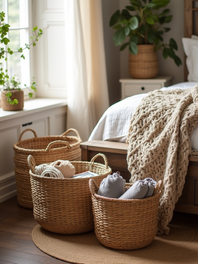 Rustic bedroom with natural woven rattan and jute storage baskets next to a wooden bench, featuring throw blankets and magazines, illuminated by soft morning light.