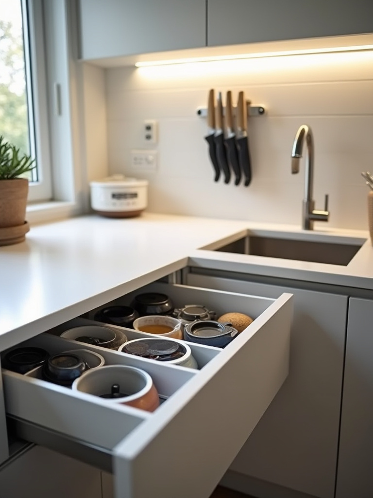 Small kitchen with compact gadget storage featuring organized kitchen drawer and magnetic knife strip.