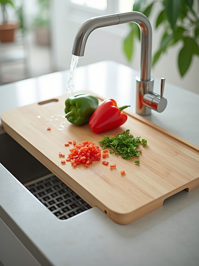 A wooden in-sink cutting board fits perfectly over a modern kitchen sink, actively being used for chopping vibrant vegetables, highlighting space-saving food preparation.