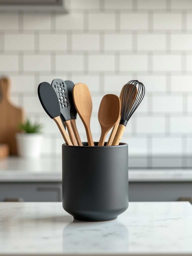 Modern kitchen countertop with a matte black ceramic utensil crock holding bamboo spatulas and silicone whisks next to a stovetop, showcasing stylish cookware holders and organized kitchen decor.