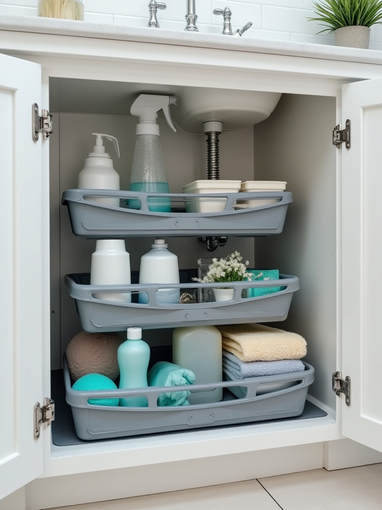 A brightly lit, perfectly organized under-sink kitchen cabinet with clear and grey pull-out organizers holding various cleaning supplies.