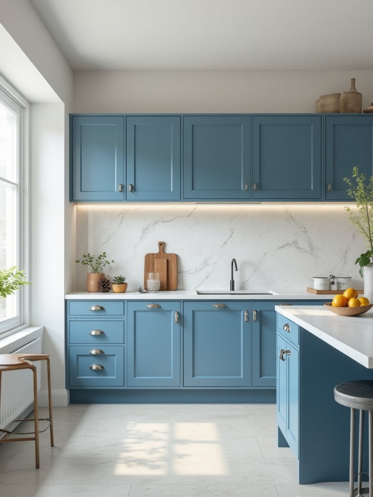 A professional image showing elegant blue kitchen cabinets paired with soft, complementary off-white wall paint, creating a harmonious and bright kitchen space. Emphasizes the best blue cabinet paint colors.