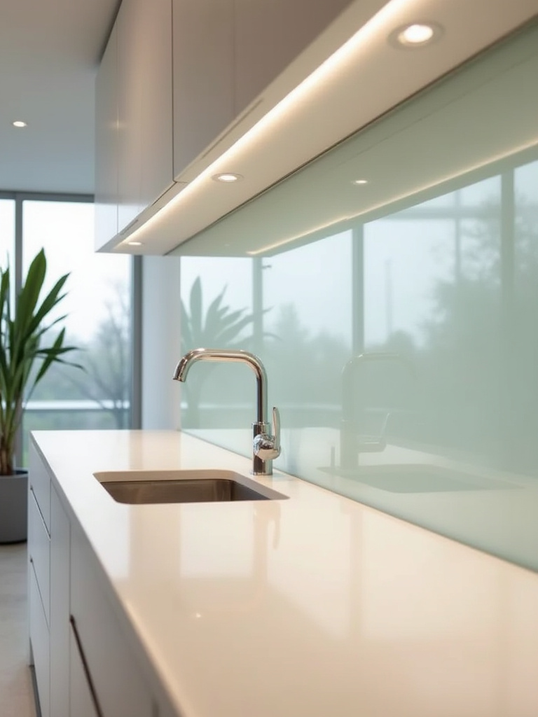 Modern kitchen with a light grey back-painted glass backsplash reflecting natural light, making the space appear brighter and more spacious.