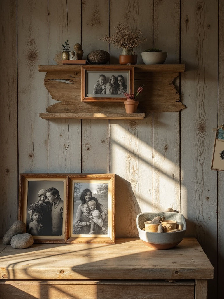A rustic bedroom shelf displaying various framed black and white photos and travel souvenirs, creating a personalized and cozy atmosphere.