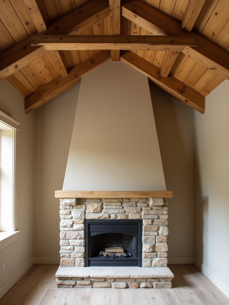 A professional portrait photograph of a rustic bedroom with prominently highlighted exposed wooden ceiling beams and a natural stone fireplace, embodying existing architectural features.