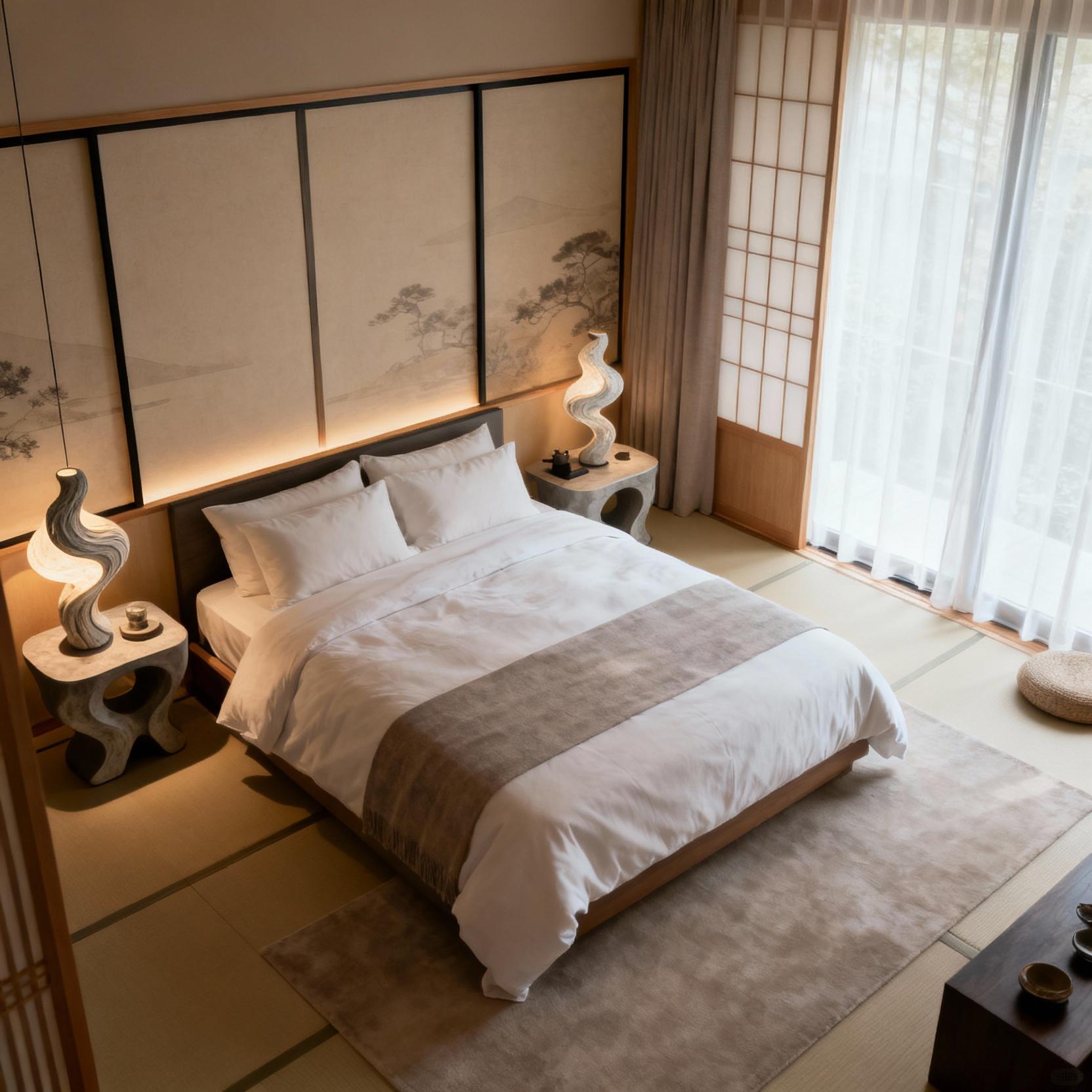 Luxurious master bedroom designed for couples, showcasing a harmonious blend of two distinct interior design styles with elegant furniture and soft natural lighting. No people are present, emphasizing a peaceful and cohesive shared space.