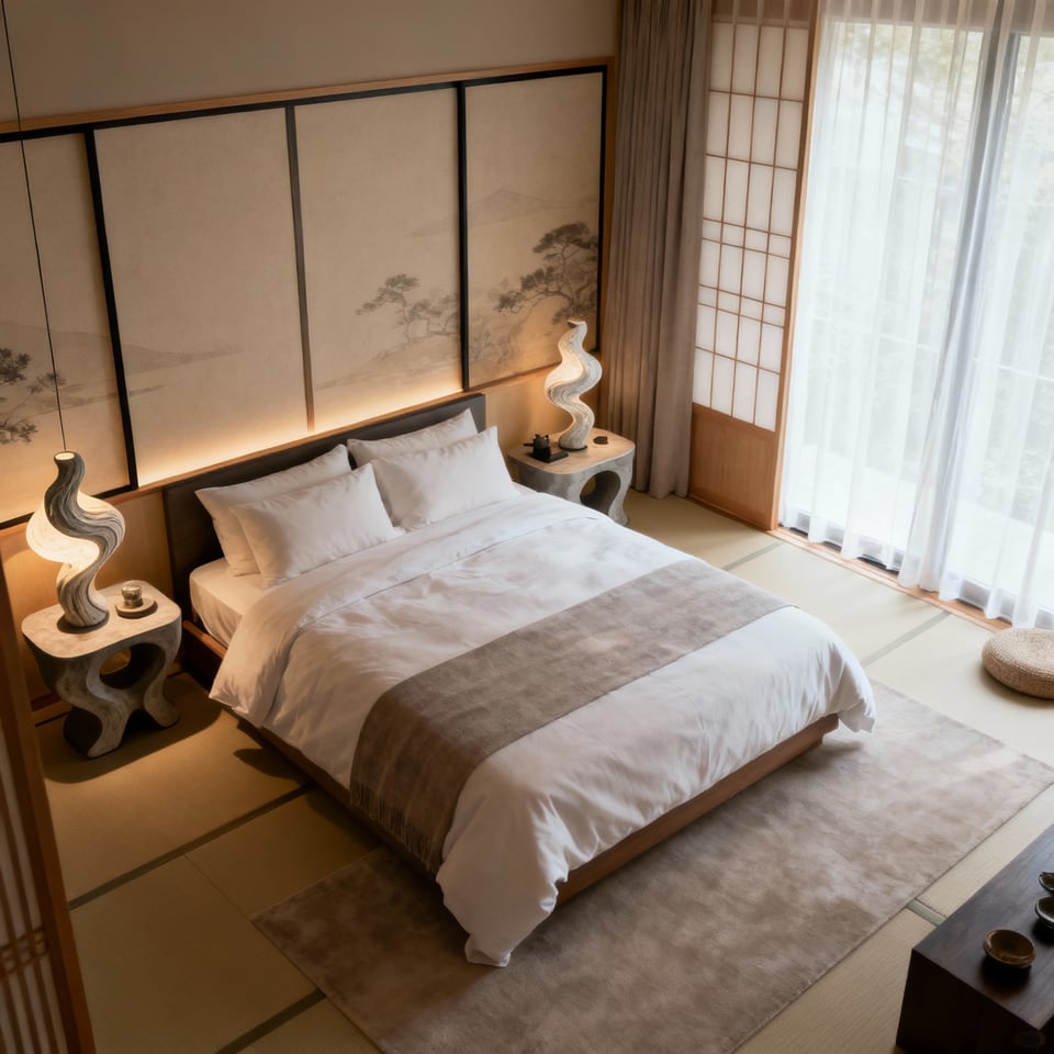 Luxurious master bedroom designed for couples, showcasing a harmonious blend of two distinct interior design styles with elegant furniture and soft natural lighting. No people are present, emphasizing a peaceful and cohesive shared space.