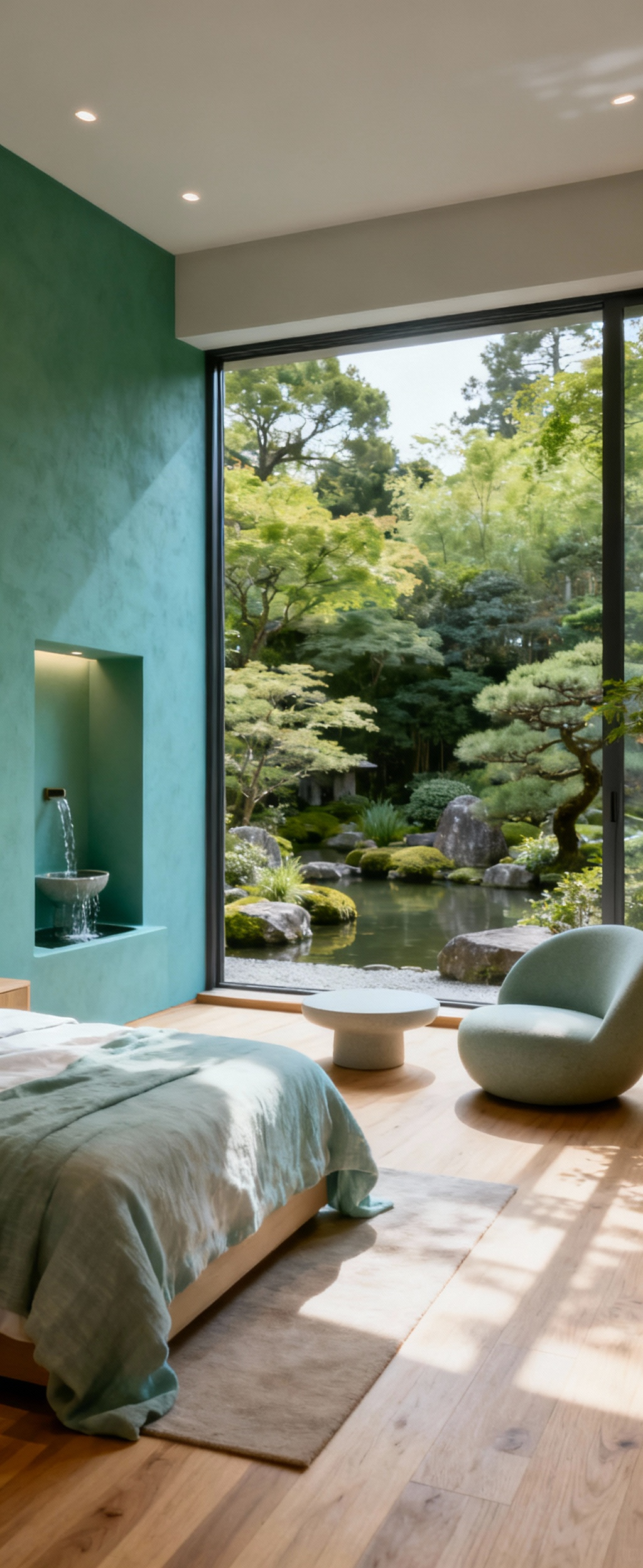 Serene couple's bedroom featuring biophilic design, soft blue and green linens, natural light, oak flooring, and a view of a tranquil Japanese-inspired garden, designed for wellness and harmony.